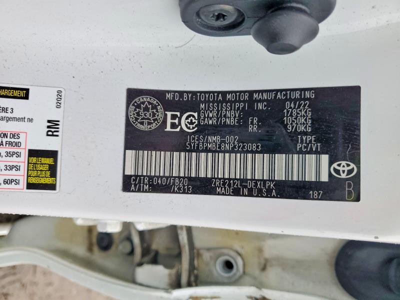 47396926 :رقم المزاد ، 5YFBPMBE8NP323083 vin ، 2022 Toyota Corolla مزاد بيع