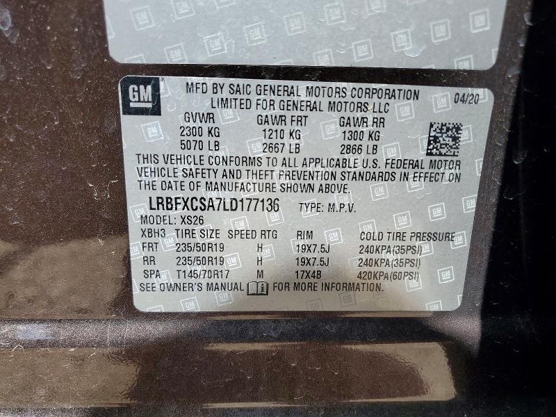 50703096 :رقم المزاد ، LRBFXCSA7LD177136 vin ، 2020 Buick Envision مزاد بيع