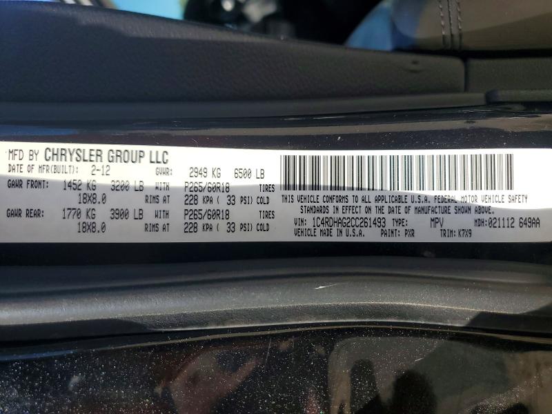 49447826 :رقم المزاد ، 1C4RDHAG2CC261493 vin ، 2012 Dodge Durango مزاد بيع