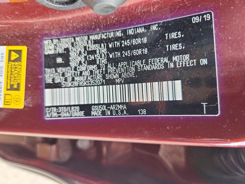 48315786 :رقم المزاد ، 5TDKZRFH5KS352071 vin ، 2019 Toyota Highlander مزاد بيع