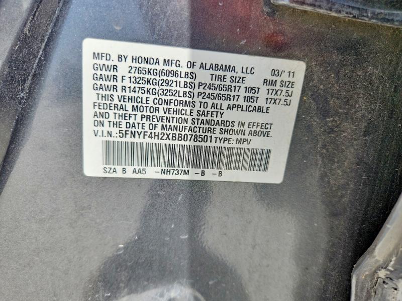 2011 Honda Pilot მანქანა იყიდება აუქციონზე, vin: 5FNYF4H2XBB078501, აუქციონის ნომერი: 50923696