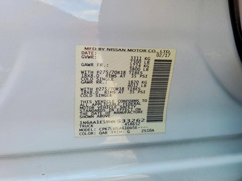2017 Nissan Titan მანქანა იყიდება აუქციონზე, vin: 1N6AA1E59HN533262, აუქციონის ნომერი: 51346656