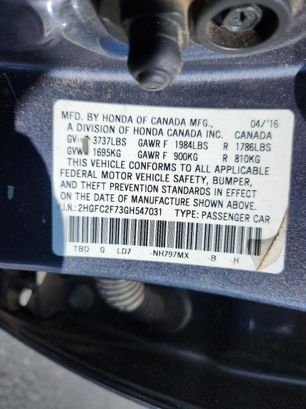 Продаж на аукціоні авто 2016 Honda Civic, vin: 2HGFC2F73GH547031, номер лоту: 47973456