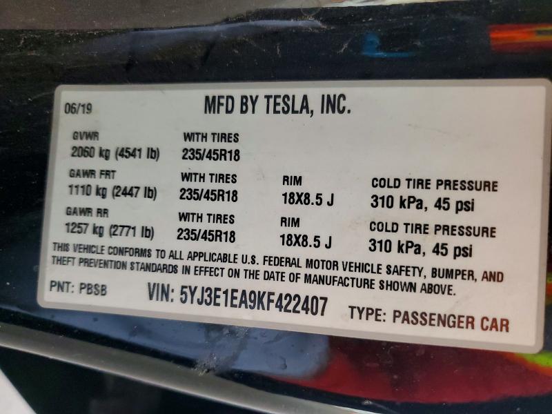Продаж на аукціоні авто 2019 Tesla Model 3, vin: 5YJ3E1EA9KF422407, номер лоту: 51529436