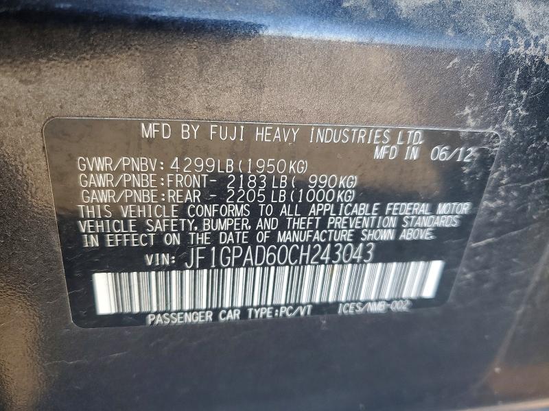50975636 :رقم المزاد ، JF1GPAD60CH243043 vin ، 2012 Subaru Impreza مزاد بيع