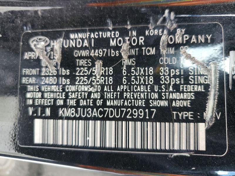 51262276 :رقم المزاد ، KM8JU3AC7DU729917 vin ، 2013 Hyundai Tucson مزاد بيع