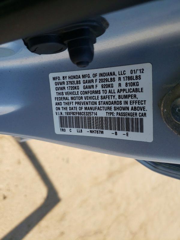 Продаж на аукціоні авто 2012 Honda Civic, vin: 19XFB2F86CE325714, номер лоту: 49291696