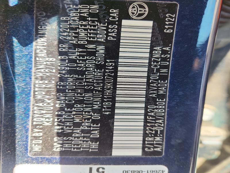 50162926 :رقم المزاد ، 4T1B11HK9KU721491 vin ، 2019 Toyota Camry مزاد بيع