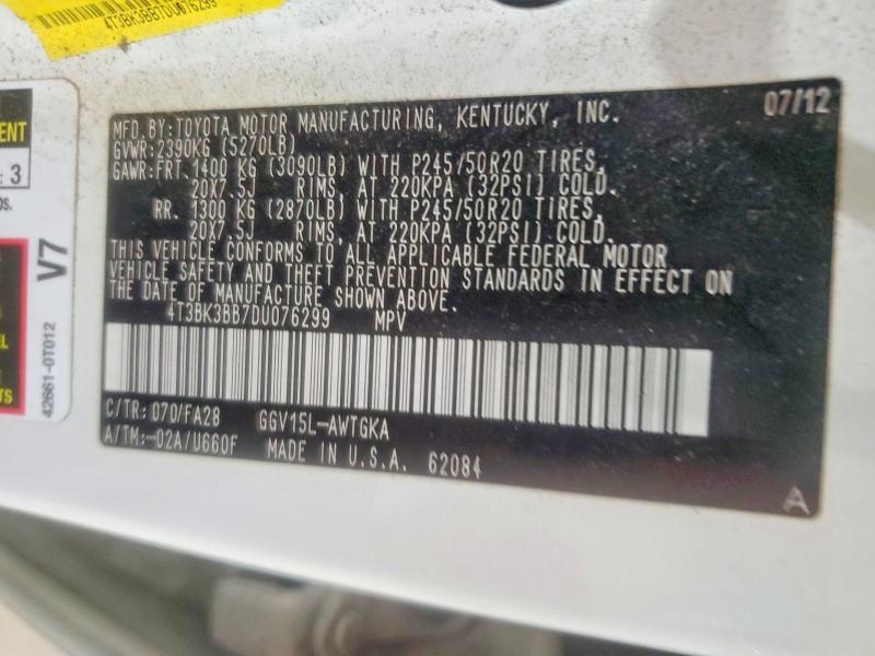 Aukcja sprzedaży 2013 Toyota Venza, vin: 4T3BK3BB7DU076299, numer aukcji: 50981326