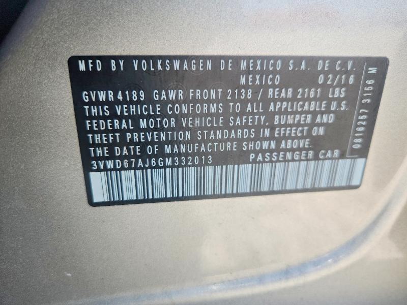 Auction sale of the 2016 Volkswagen Jetta, vin: 3VWD67AJ6GM332013, lot number: 51651406