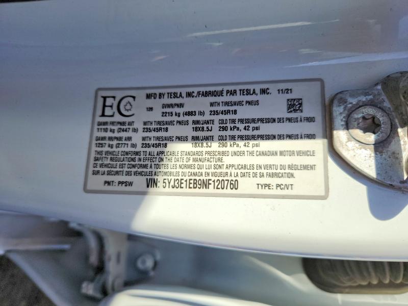 Aukcja sprzedaży 2022 Tesla Model 3, vin: 5YJ3E1EB9NF120760, numer aukcji: 50992316