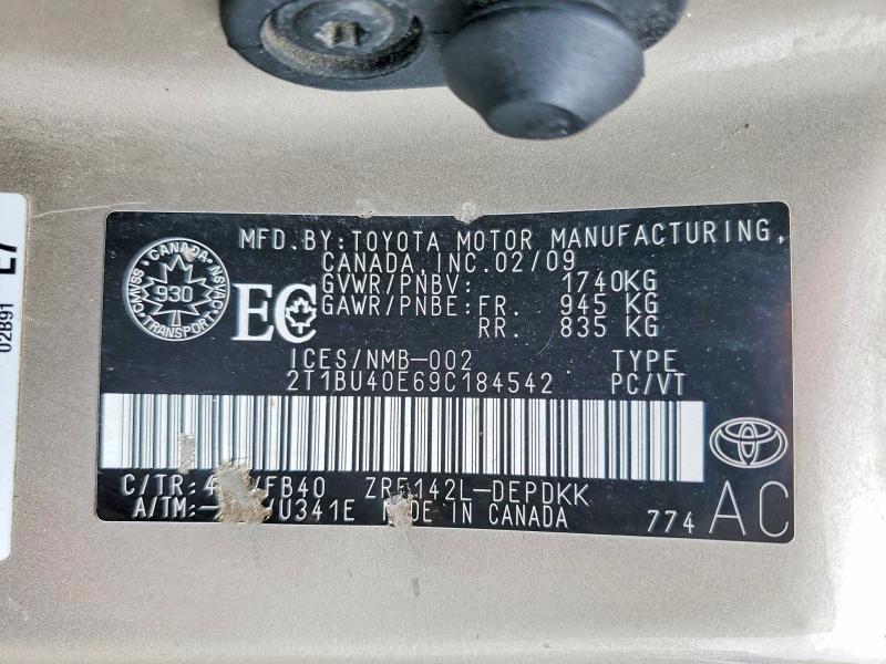 47758696 :رقم المزاد ، 2T1BU40E69C184542 vin ، 2009 Toyota Corolla مزاد بيع