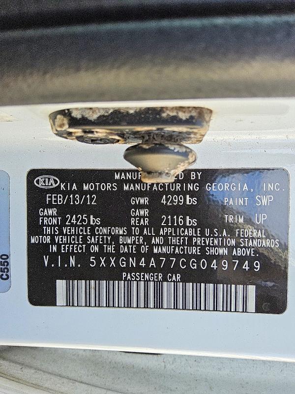 50607416 :رقم المزاد ، 5XXGN4A77CG049749 vin ، 2012 Kia Optima مزاد بيع