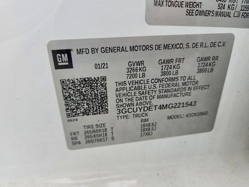 Aukcja sprzedaży 2021 Chevrolet Silverado, vin: 3GCUYDET4MG221543, numer aukcji: 51620886