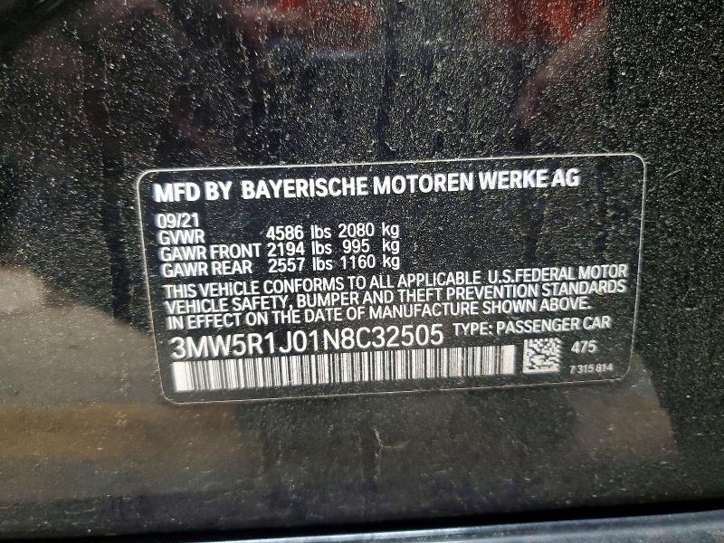 Aukcja sprzedaży 2022 Bmw 330i, vin: 3MW5R1J01N8C32505, numer aukcji: 51556536