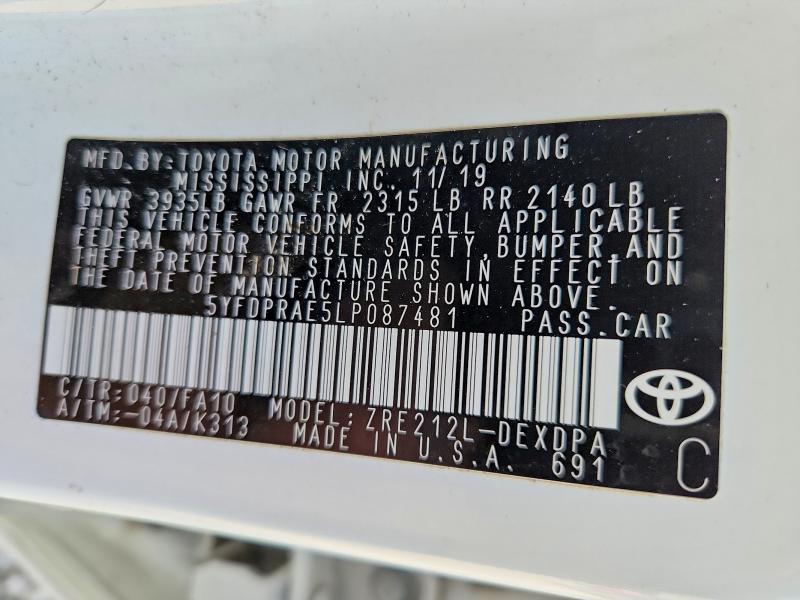 51382096 :رقم المزاد ، 5YFDPRAE5LP087481 vin ، 2020 Toyota Corolla مزاد بيع