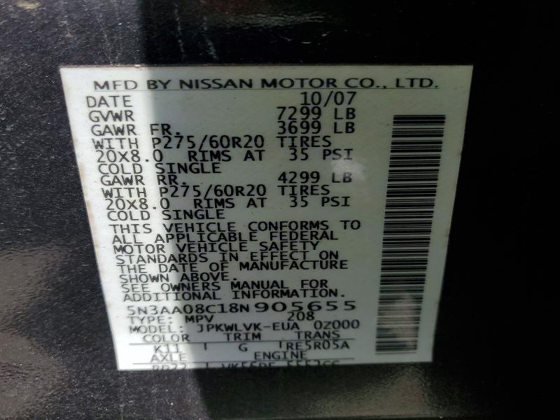 2008 Infiniti Qx56 მანქანა იყიდება აუქციონზე, vin: 5N3AA08C18N905655, აუქციონის ნომერი: 50282336