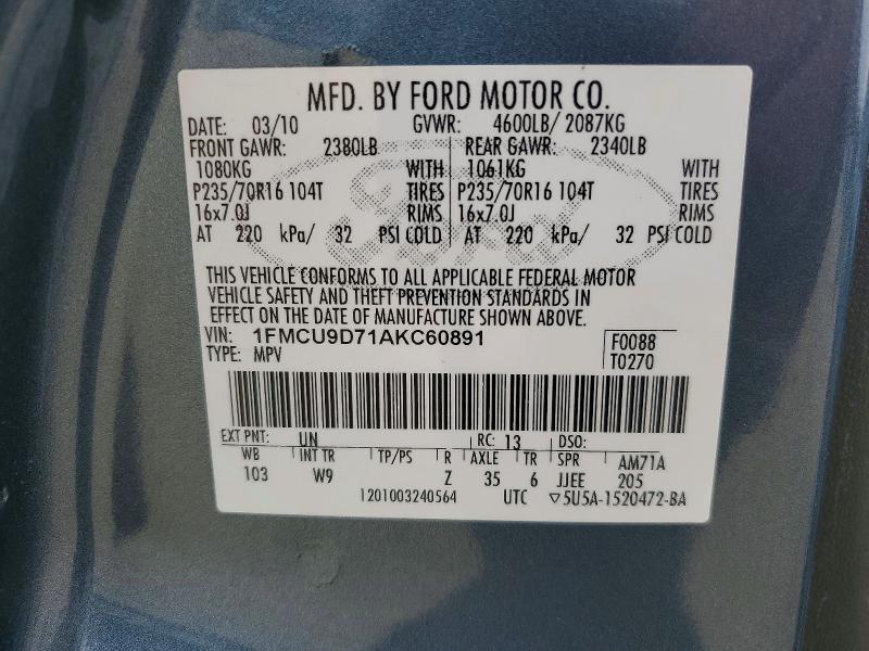2010 Ford Escape მანქანა იყიდება აუქციონზე, vin: 1FMCU9D71AKC60891, აუქციონის ნომერი: 51870246