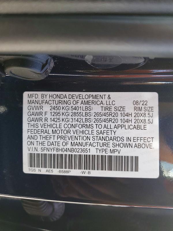 2022 Honda Passport მანქანა იყიდება აუქციონზე, vin: 5FNYF8H04NB023651, აუქციონის ნომერი: 48969946