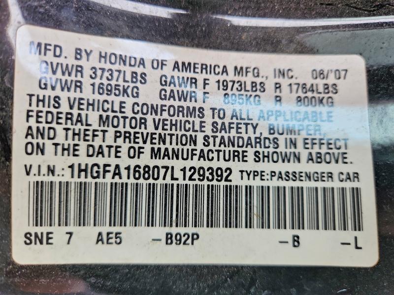 51667546 :رقم المزاد ، 1HGFA16807L129392 vin ، 2007 Honda Civic مزاد بيع