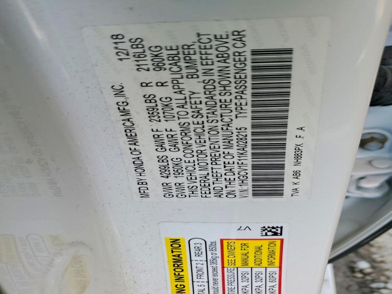 Aukcja sprzedaży 2019 Honda Accord, vin: 1HGCV1F11KA028215, numer aukcji: 48345996