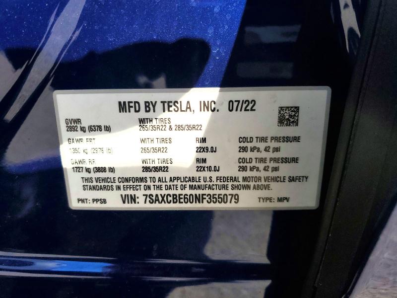 Aukcja sprzedaży 2022 Tesla Model X, vin: 7SAXCBE60NF355079, numer aukcji: 48567286