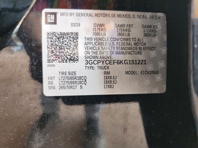 49517626 :رقم المزاد ، 3GCPYCEF6KG151221 vin ، 2019 Chevrolet Silverado مزاد بيع