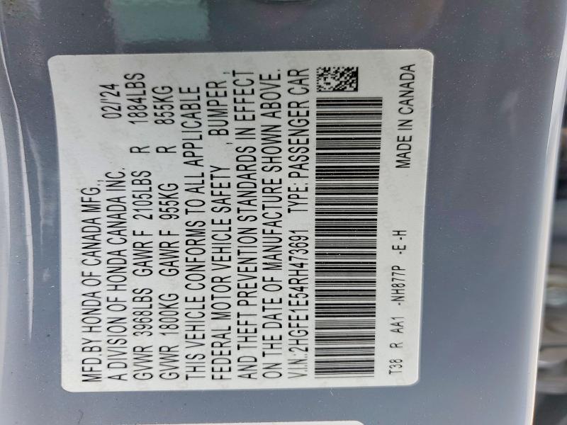 49825776 :رقم المزاد ، 2HGFE1E54RH473691 vin ، 2024 Honda Civic مزاد بيع