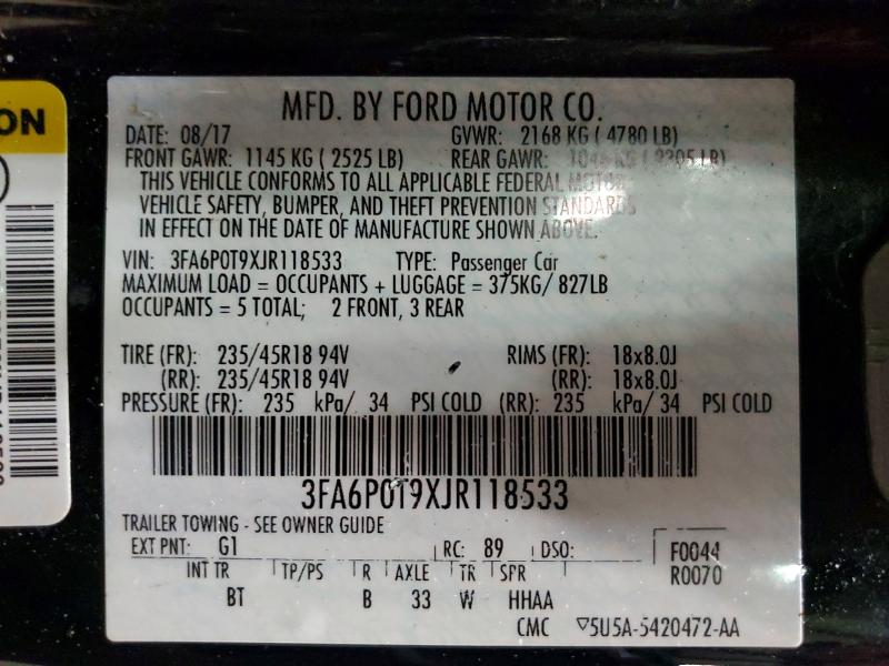 49442686 :رقم المزاد ، 3FA6P0T9XJR118533 vin ، 2018 Ford Fusion مزاد بيع