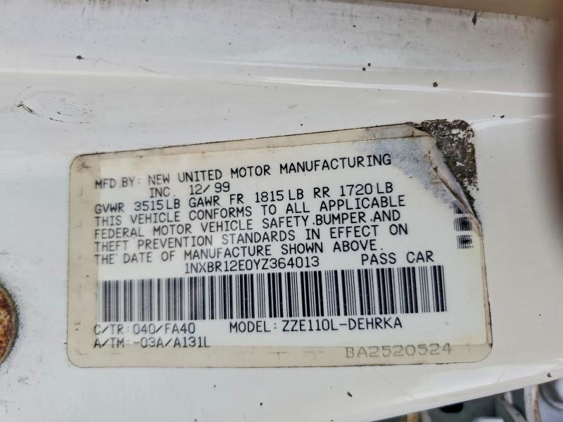 50448776 :رقم المزاد ، 1NXBR12E0YZ364013 vin ، 2000 Toyota Corolla مزاد بيع