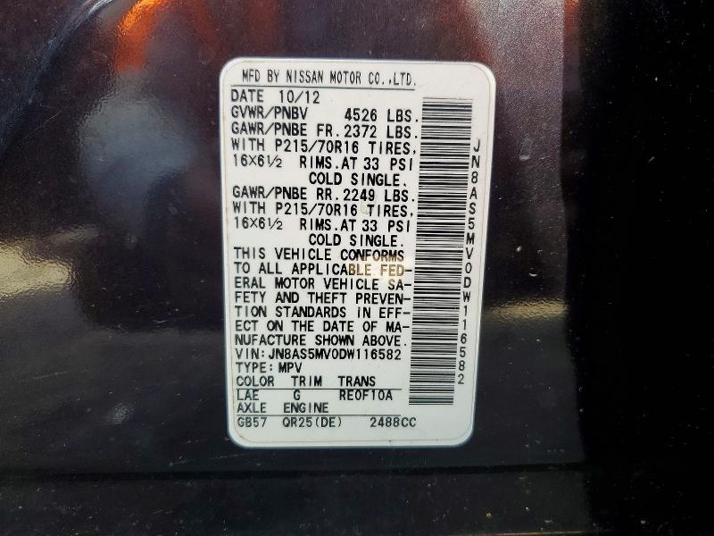 51615176 :رقم المزاد ، JN8AS5MV0DW116582 vin ، 2013 Nissan Rogue مزاد بيع