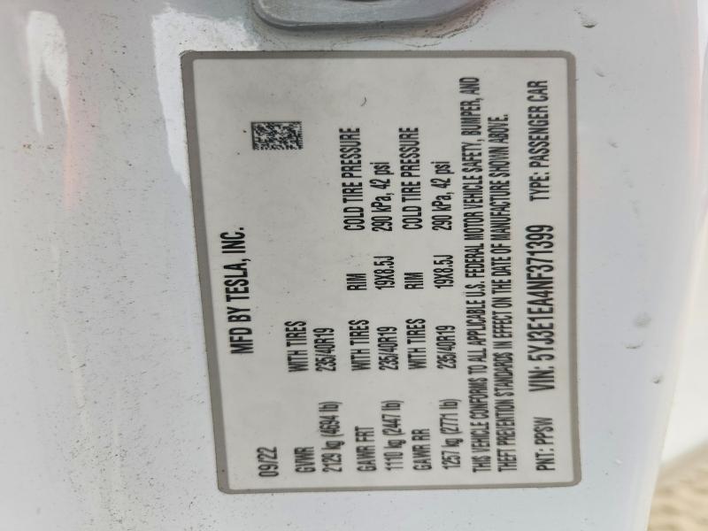 Продажа на аукционе авто 2022 Tesla Model 3, vin: 5YJ3E1EA4NF371399, номер лота: 51016226