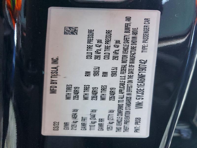 51450686 :رقم المزاد ، 5YJ3E1EA6NF190742 vin ، 2022 Tesla Model 3 مزاد بيع