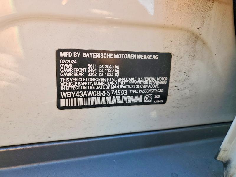 2024 Bmw I4 მანქანა იყიდება აუქციონზე, vin: WBY43AW08RFS74593, აუქციონის ნომერი: 48697716