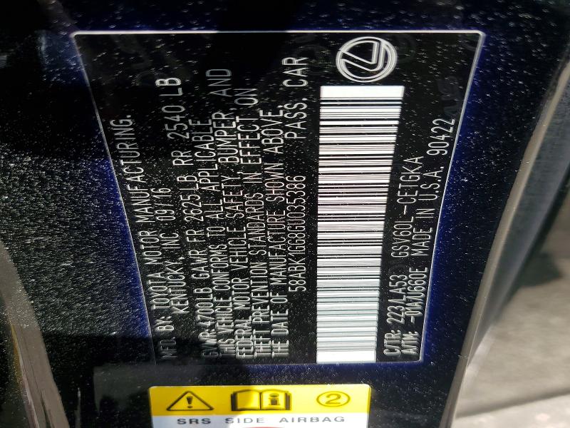 2016 Lexus Es მანქანა იყიდება აუქციონზე, vin: 58ABK1GG8GU035386, აუქციონის ნომერი: 50937376