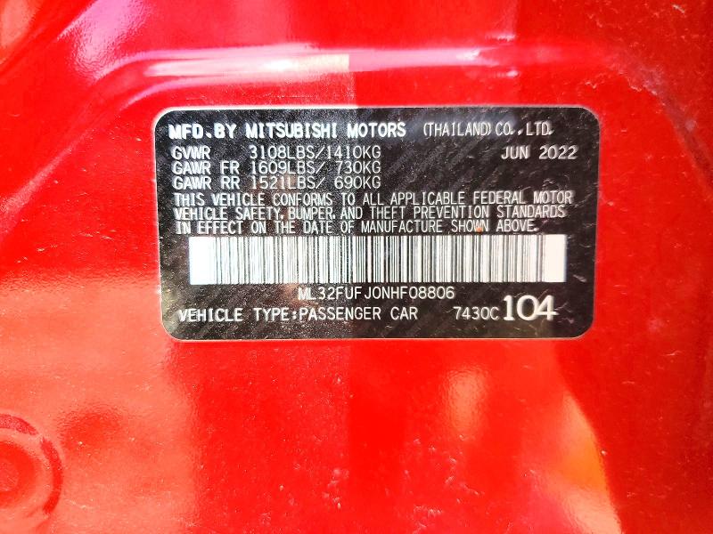 2022 Mitsubishi Mirage მანქანა იყიდება აუქციონზე, vin: ML32FUFJ0NHF08806, აუქციონის ნომერი: 51479206