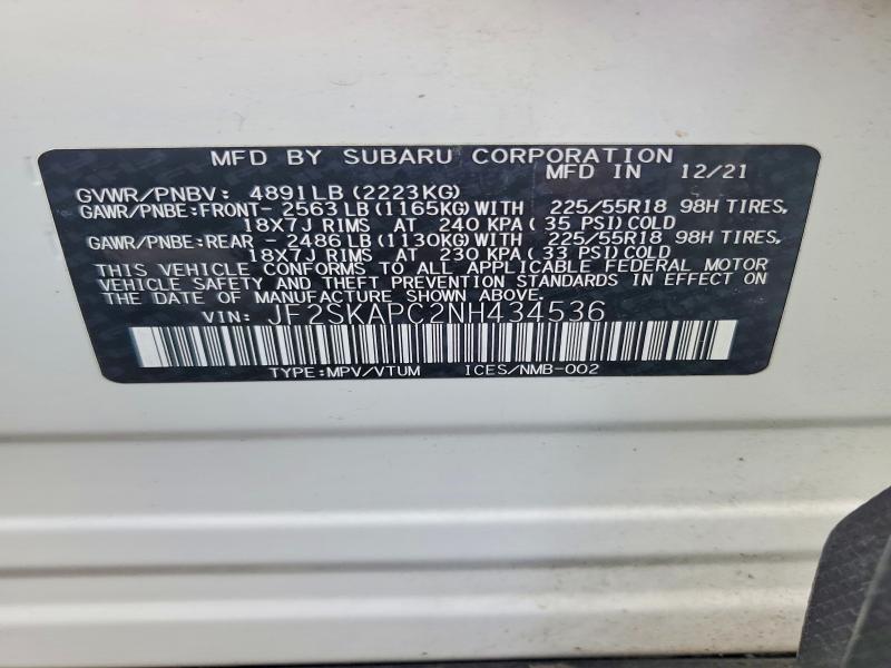 Продаж на аукціоні авто 2022 Subaru Forester, vin: JF2SKAPC2NH434536, номер лоту: 49768526