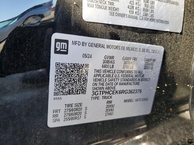48855636 :رقم المزاد ، 3GTPHCEK6RG362376 vin ، 2024 Gmc Sierra مزاد بيع