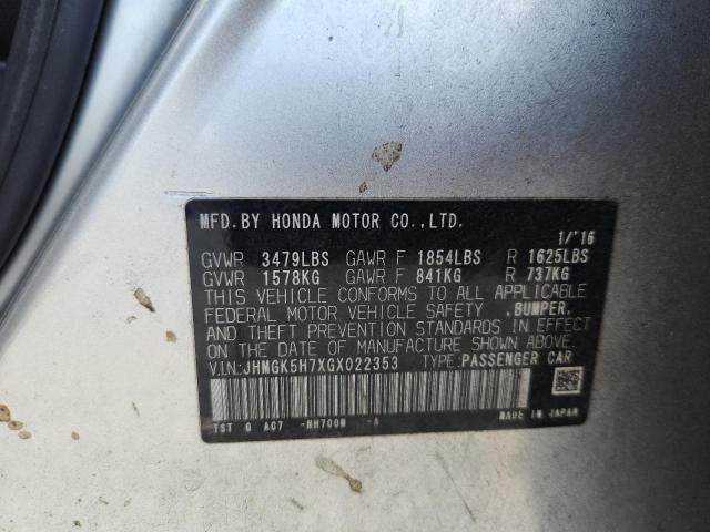 2016 Honda Fit მანქანა იყიდება აუქციონზე, vin: JHMGK5H7XGX022353, აუქციონის ნომერი: 50505026