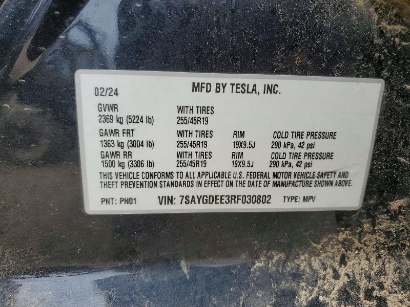 50996136 :رقم المزاد ، 7SAYGDEE3RF030802 vin ، 2024 Tesla Model Y مزاد بيع