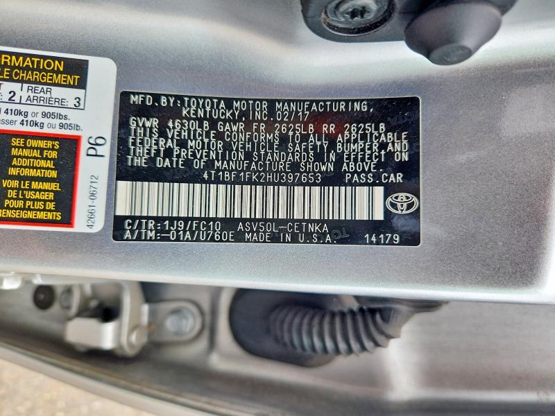 51708186 :رقم المزاد ، 4T1BF1FK2HU397653 vin ، 2017 Toyota Camry مزاد بيع