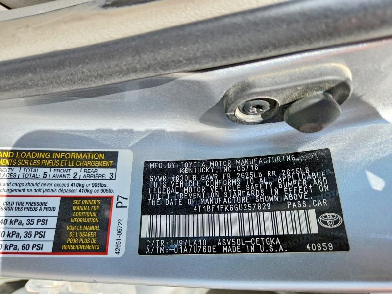 2016 Toyota Camry მანქანა იყიდება აუქციონზე, vin: 4T1BF1FK6GU257829, აუქციონის ნომერი: 50773996