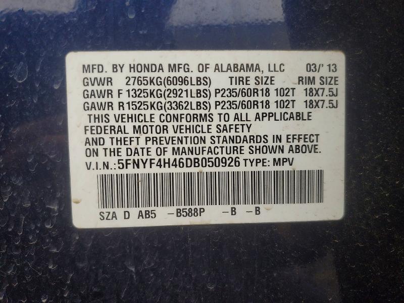 2013 Honda Pilot მანქანა იყიდება აუქციონზე, vin: 5FNYF4H46DB050926, აუქციონის ნომერი: 49669806