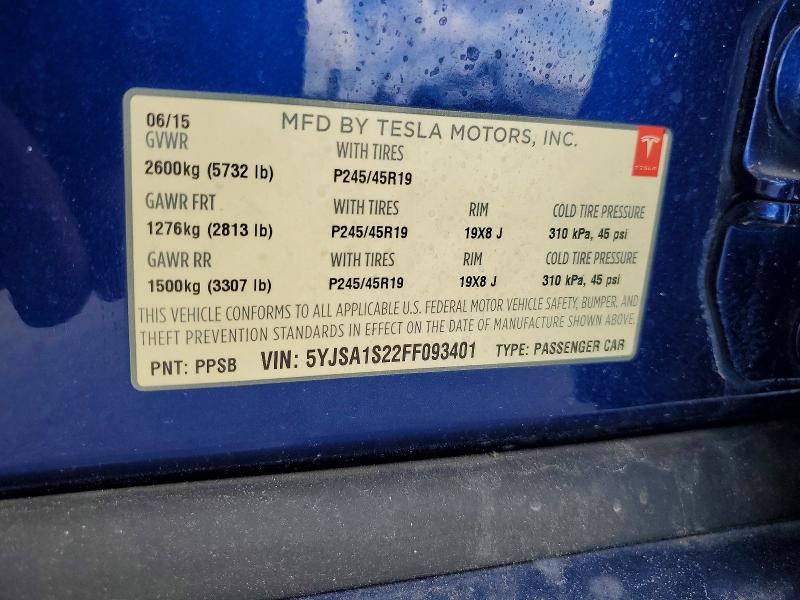51467246 :رقم المزاد ، 5YJSA1S22FF093401 vin ، 2015 Tesla Model S مزاد بيع