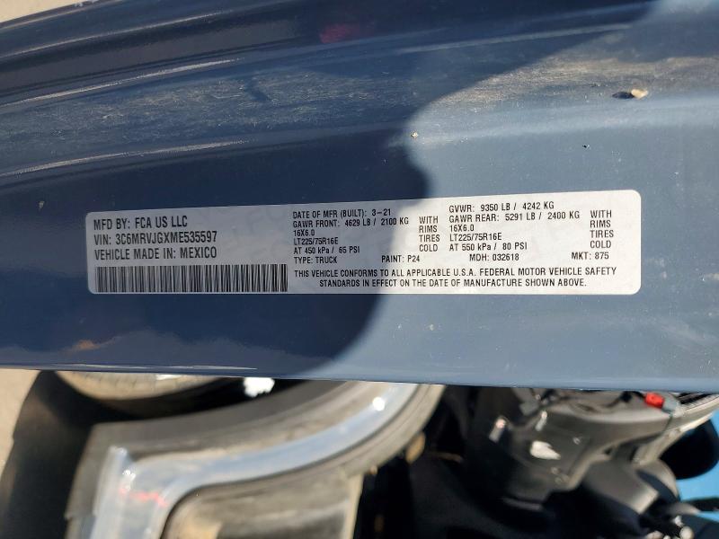 Продаж на аукціоні авто 2021 Ram Promaster 3500, vin: 3C6MRVJGXME535597, номер лоту: 50740156