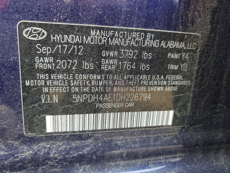 49868166 :رقم المزاد ، 5NPDH4AE1DH226794 vin ، 2013 Hyundai Elantra مزاد بيع