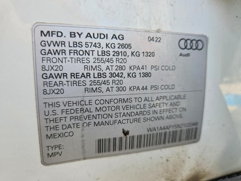 Продажа на аукционе авто 2022 Audi Sq5, vin: WA1A4AFY5N2103349, номер лота: 50256166