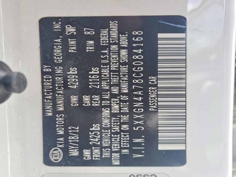 2012 Kia Optima მანქანა იყიდება აუქციონზე, vin: 5XXGN4A78CG084168, აუქციონის ნომერი: 51994366