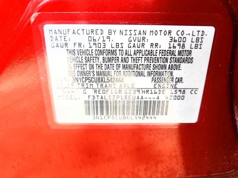 50932516 :رقم المزاد ، 3N1CP5CU8KL542444 vin ، 2019 Nissan Kicks مزاد بيع