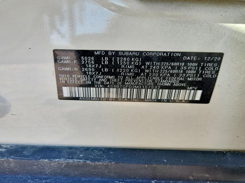 51779076 :رقم المزاد ، 4S4BTGPD2M3157532 vin ، 2021 Subaru Outback مزاد بيع